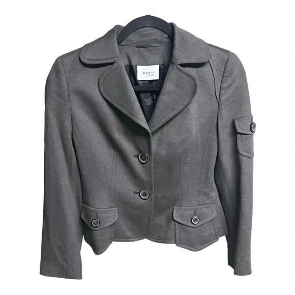 women’s AKRIS PUNTO wool grey pointed collar flap pocket crop blazer size 4 - Picture 1 of 8